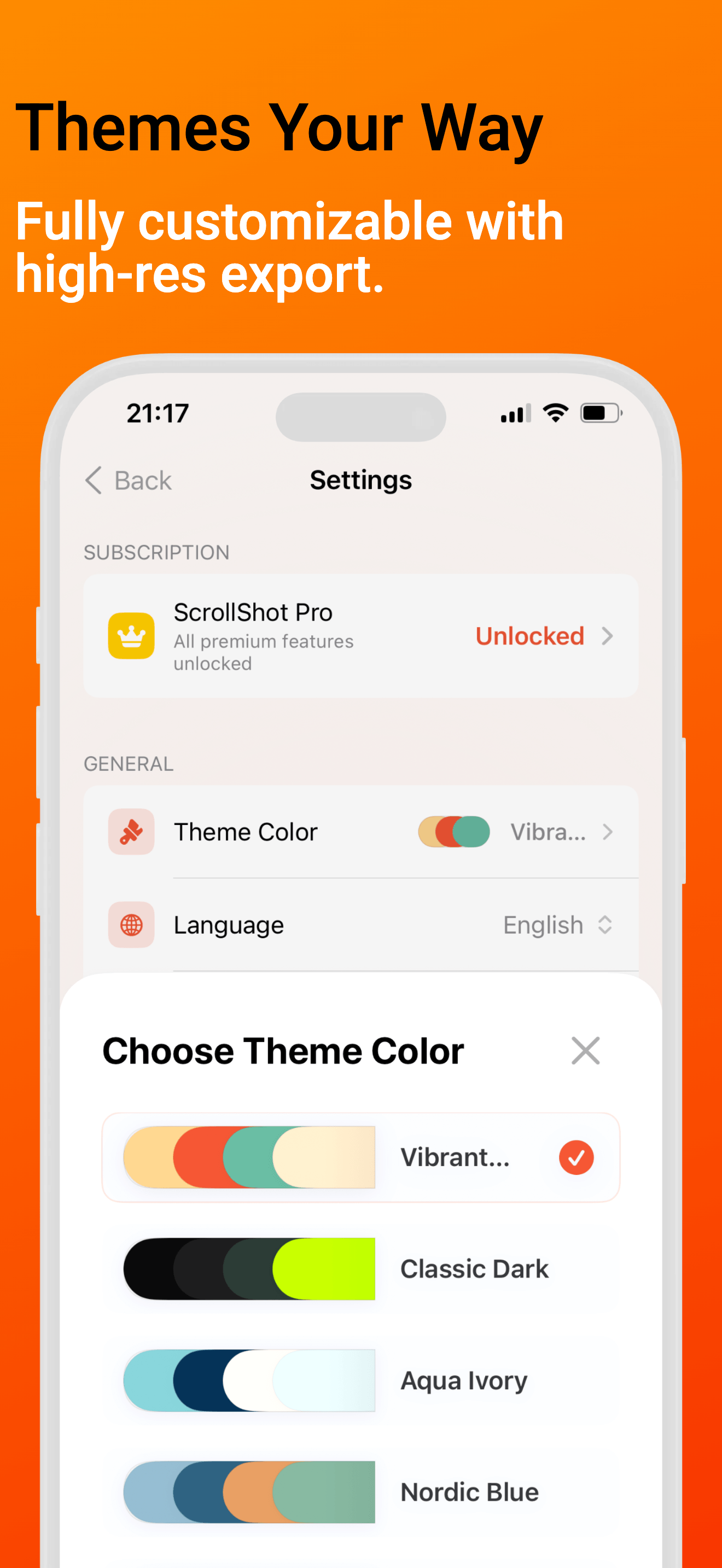 ScrollShot English theme settings interface