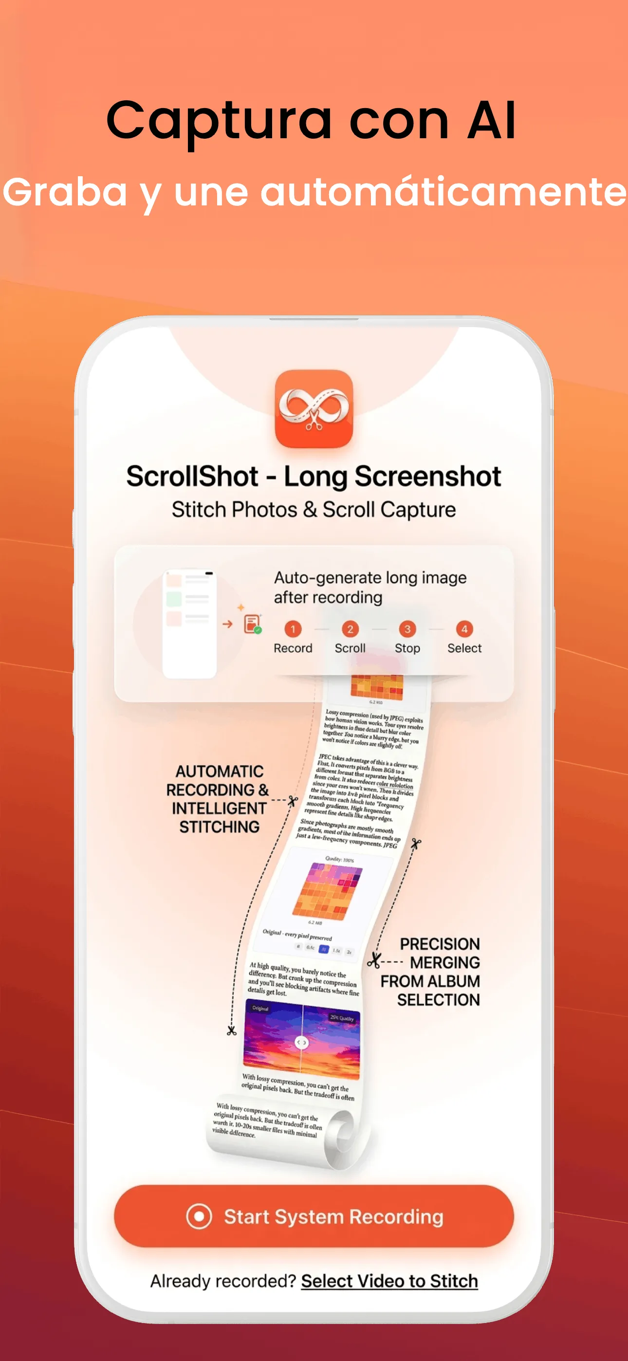 Interfaz de ScrollShot para grabación y unión automática