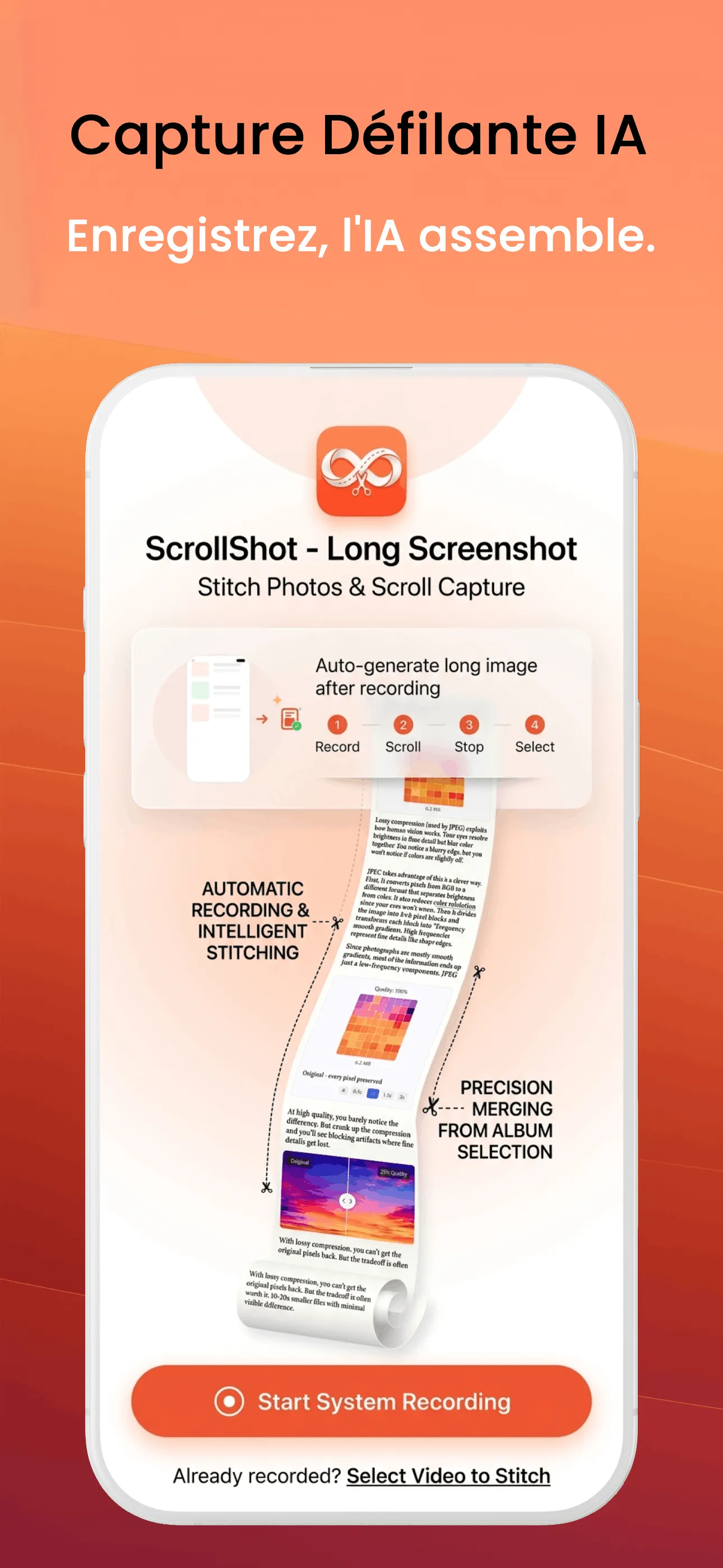 Interface ScrollShot pour l’enregistrement et l’assemblage automatique