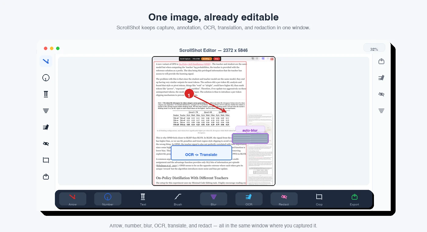 Annotate the finished long screenshot: arrow, number, blur, and translate — without leaving the app