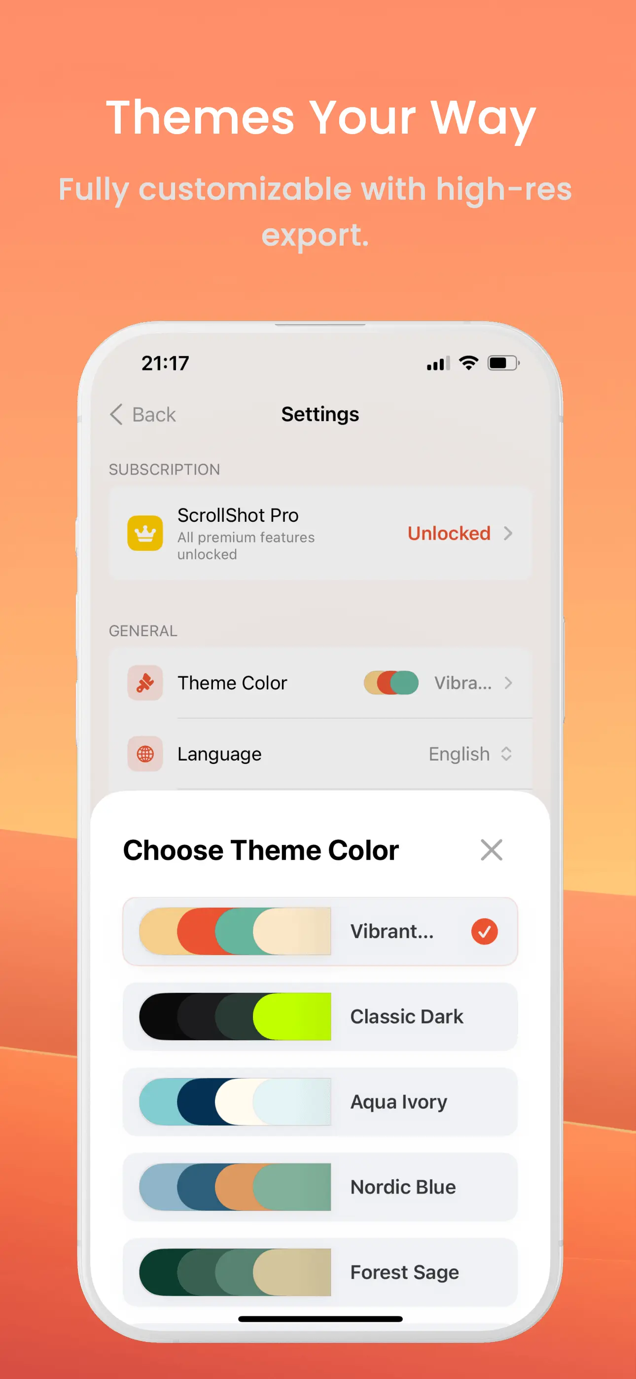 ScrollShot English theme settings interface