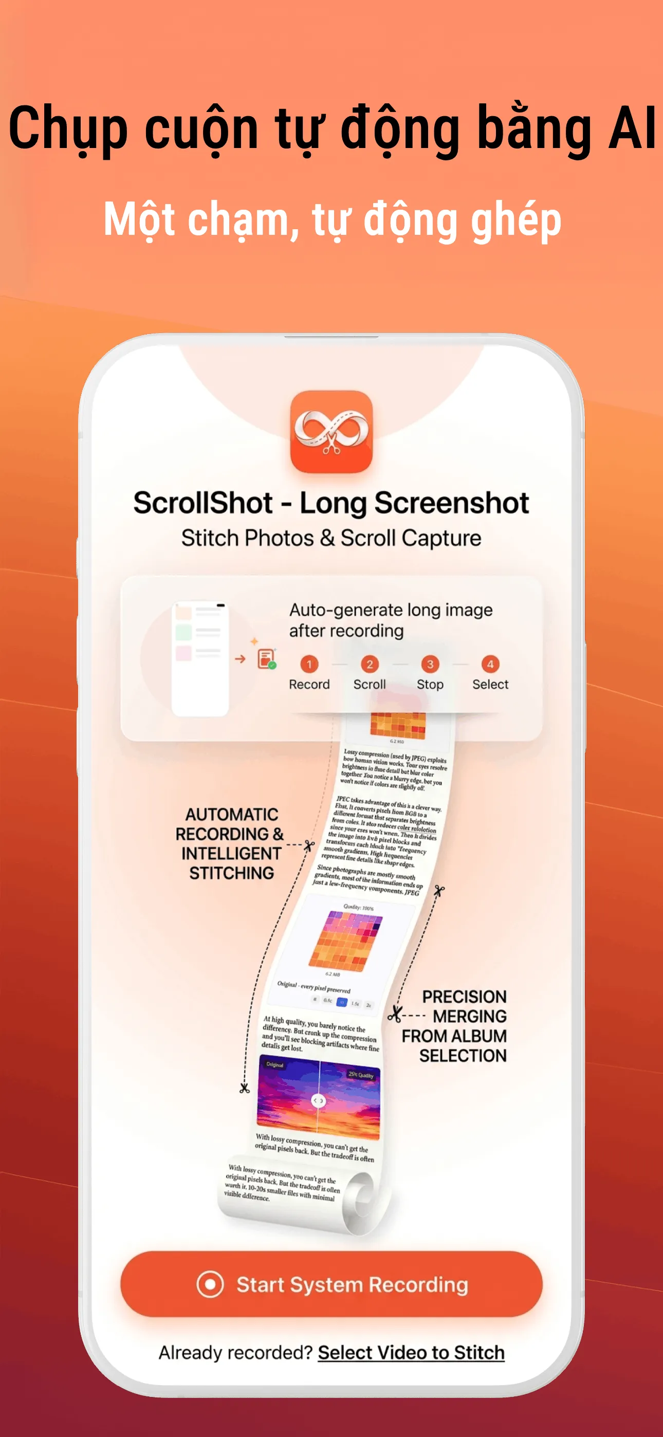 Giao diện ScrollShot để ghi màn hình và tự động ghép ảnh dài